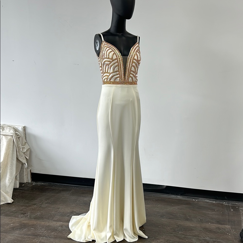 Jovani Ivory and Gold Beaded Prom Gown
